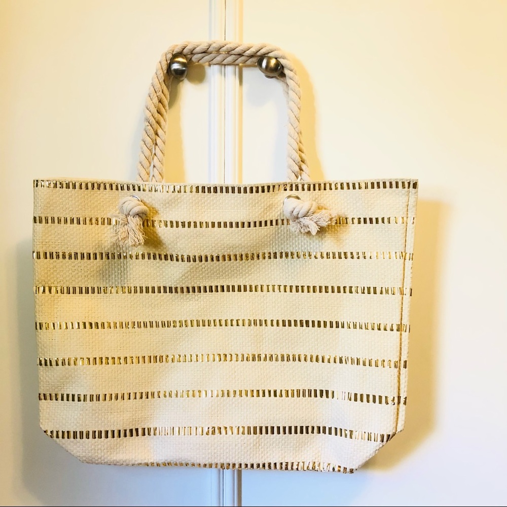 Lancome Signature Tote Shopping Bag Woven Gold